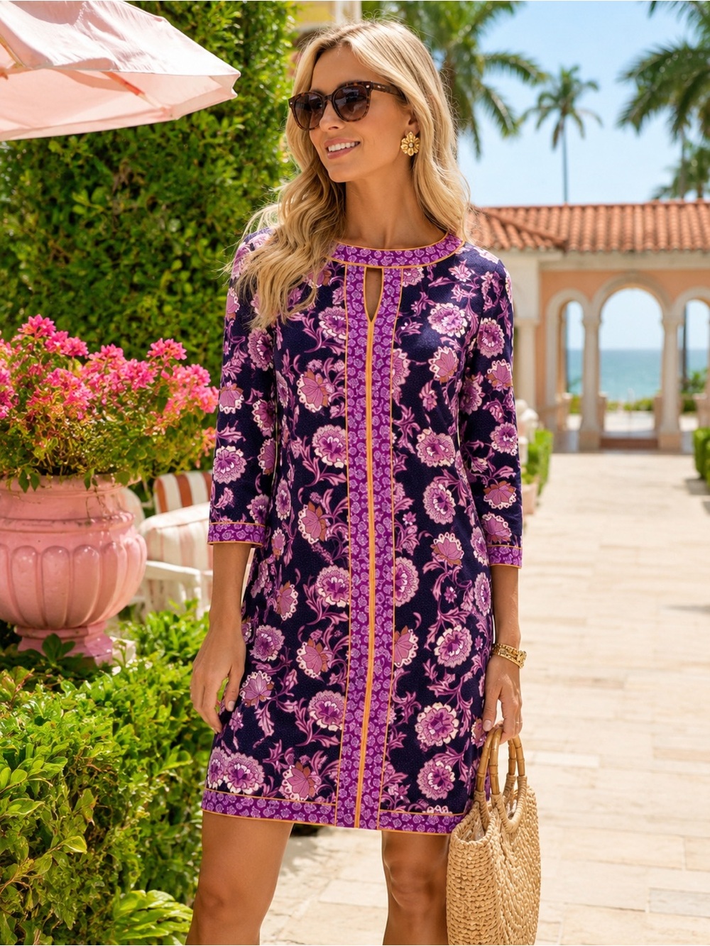 Wisp Floral Border Print Shift Dress Purple Pink Keyhole 3/4 Sleeve Size 2
